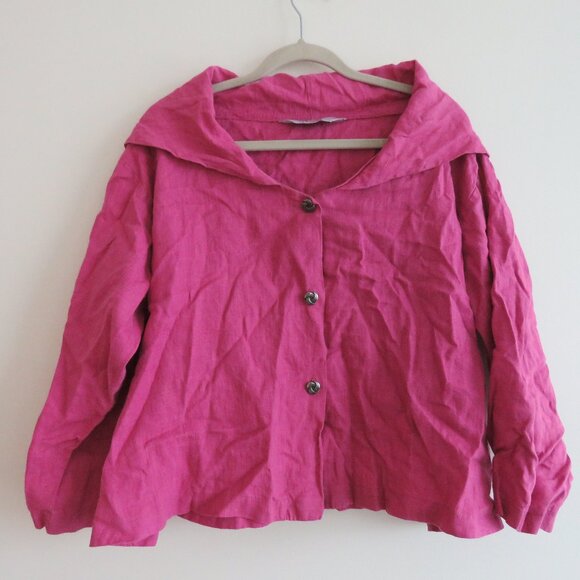 VINTAGE ITEMZ CHRIS BAUMGARTNER 100% Linen Cropped Button Top Pink Lagenlook - Picture 2 of 15